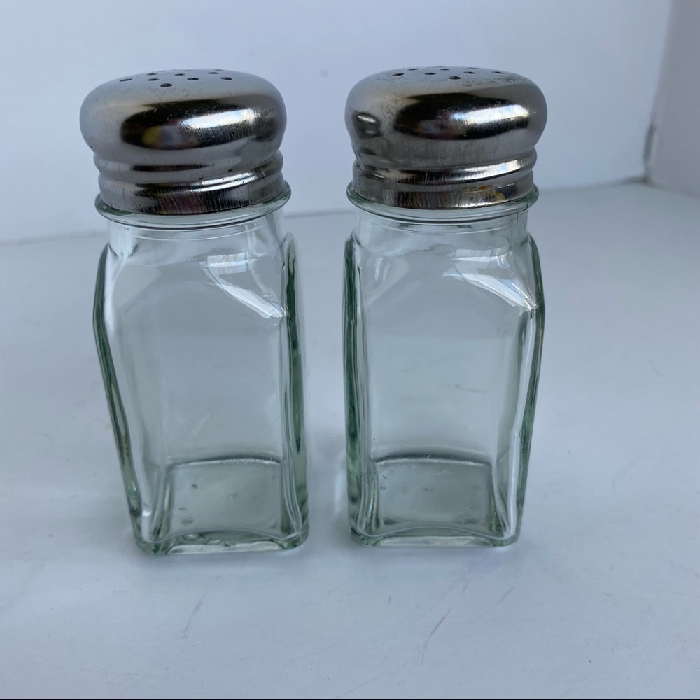 Salt and Pepper Shakers set Clear Glass Stainless Tops Set of 2 Square shaped